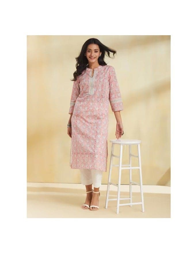 Blue Cotton Hand Block Printed Long Kurta - Image 1