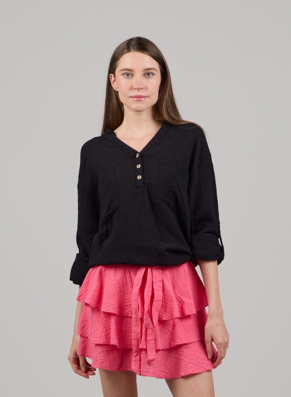 Relaxed V-Neck Long Sleeve Cotton Tunic Top - Image 1