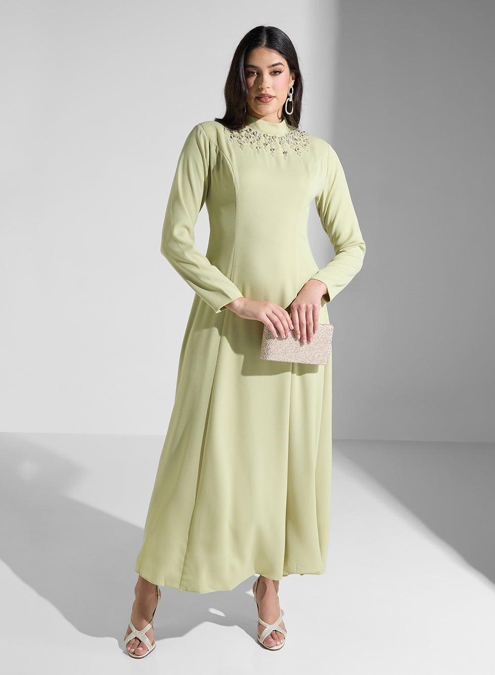 Embellished High-Neck Long-Sleeve Dress - Image 1