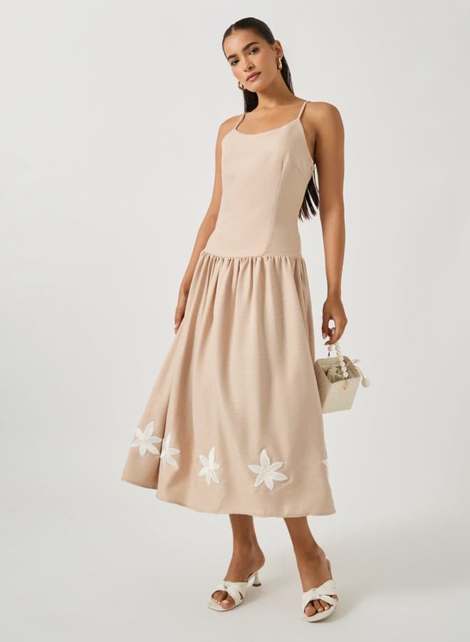 Floral-Appliqued Beige Midi Dress - Image 1