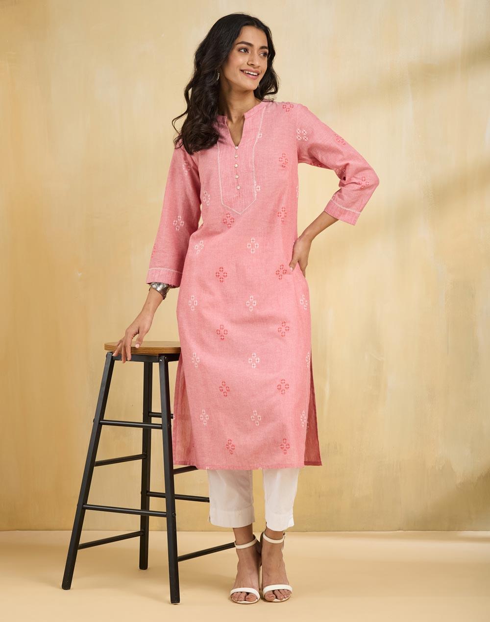 Pink Cotton Long Kurta for Women - Image 1