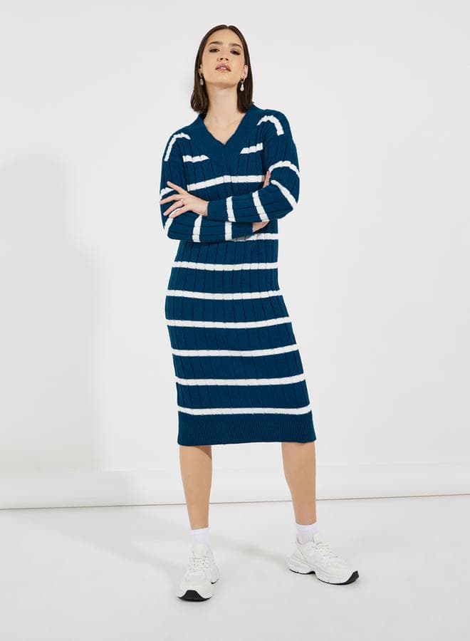 Blue Striped Ribbed Midi Knit Dress - Image 1