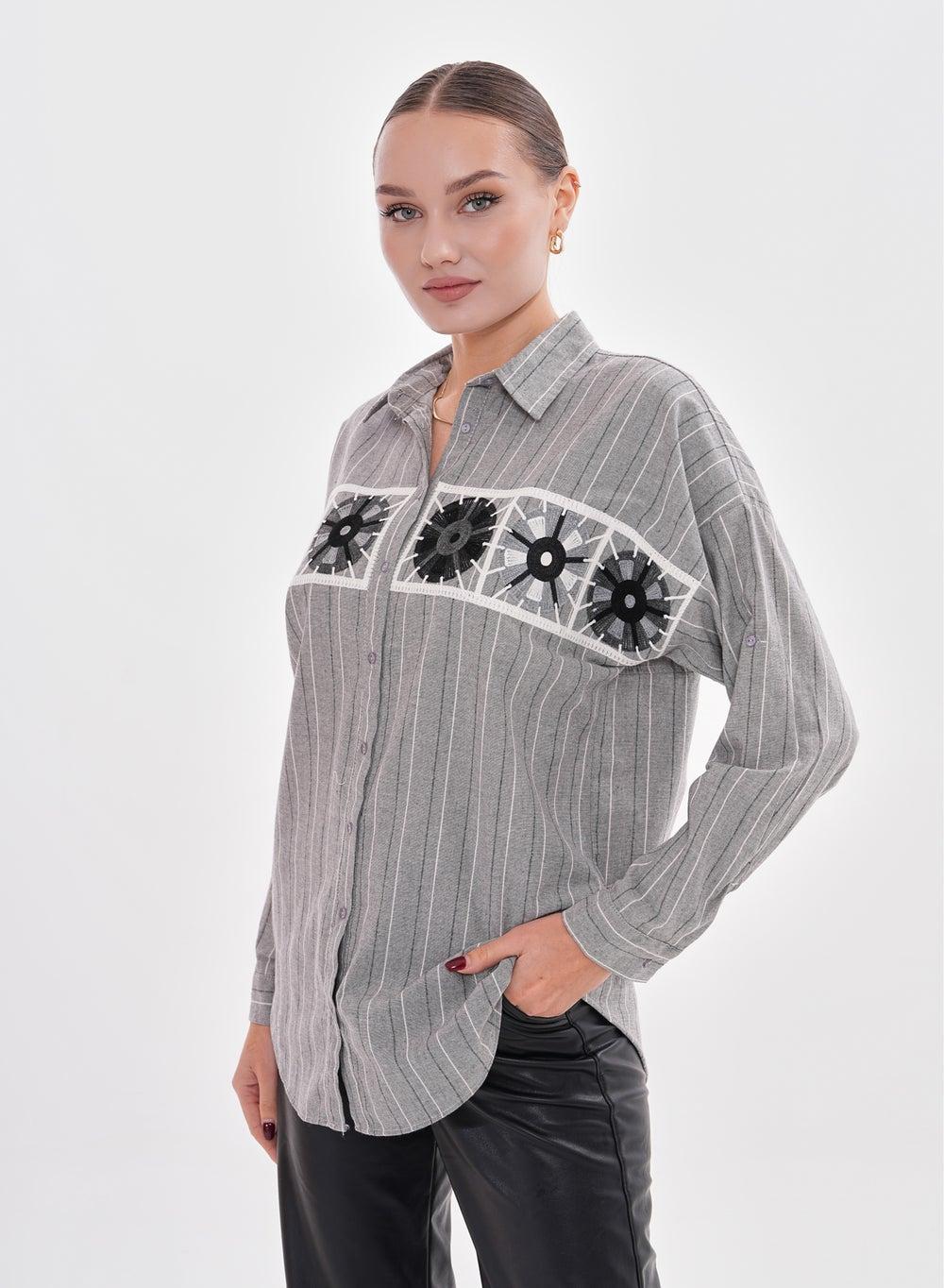 Grey Striped Shirt with Geometric Embroidery - Image 1