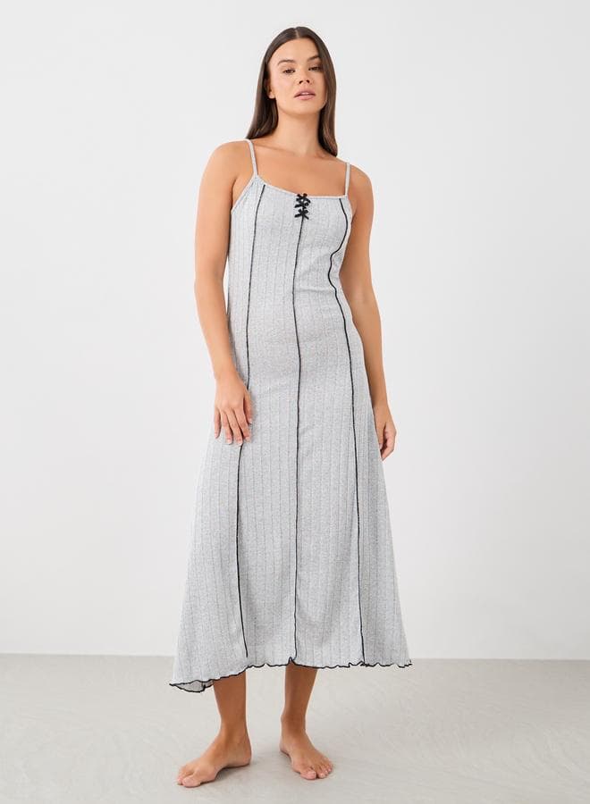 Ribbed Contrast Lettuce Hem Slip Dress with Bow Detail - Image 1