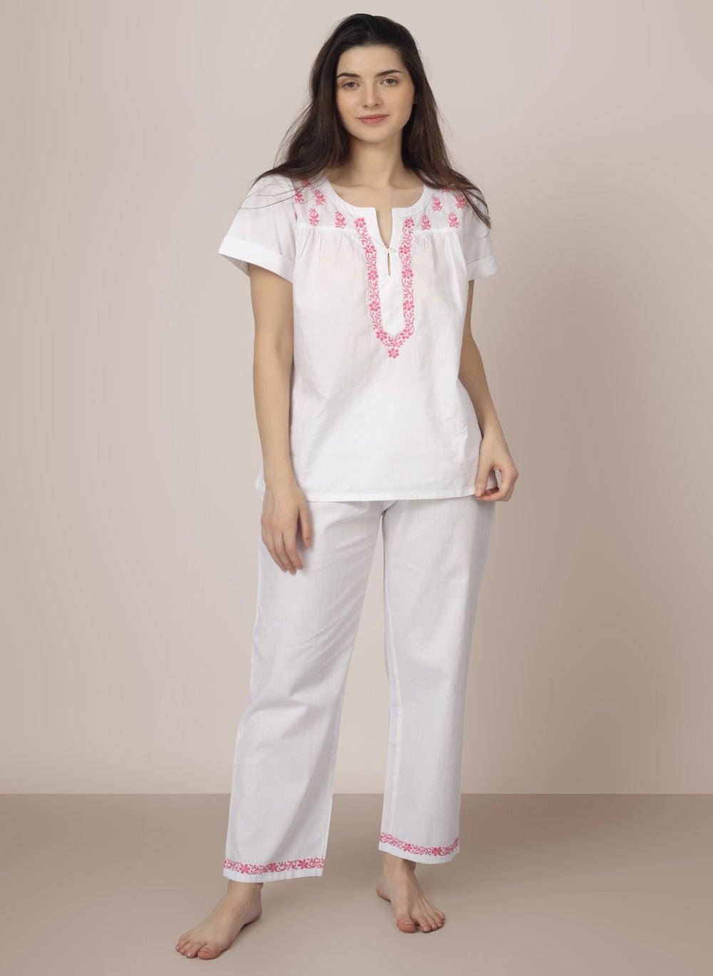 Mona Hand Embroidery Cotton Long Pajama Set - Image 1