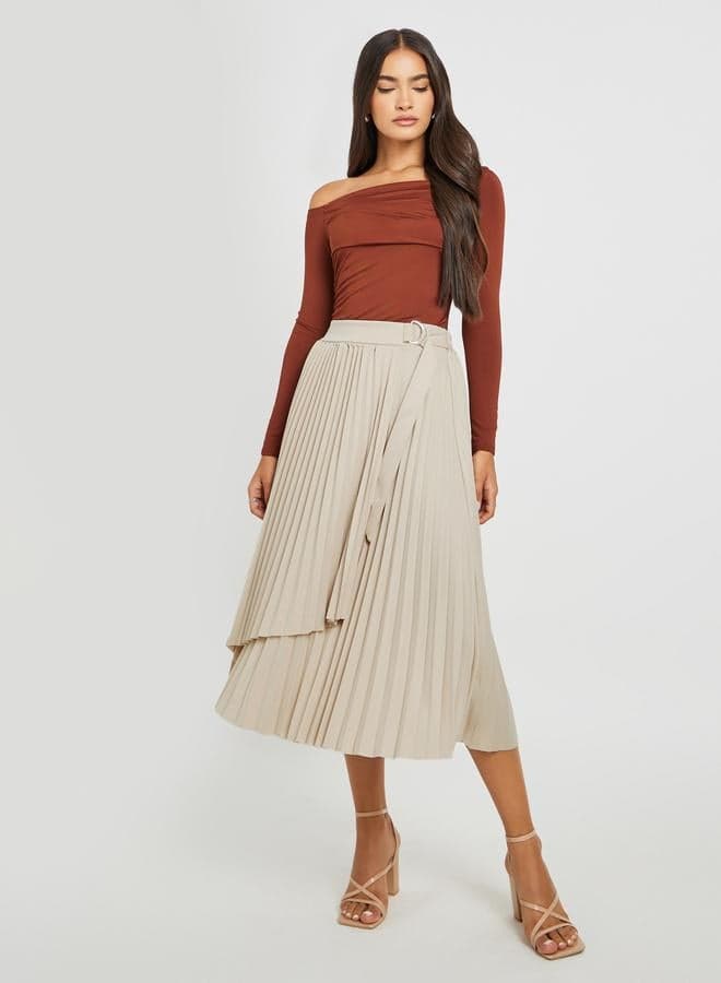 Pleated Wrap Belted A-Line Midi Skirt - Image 1