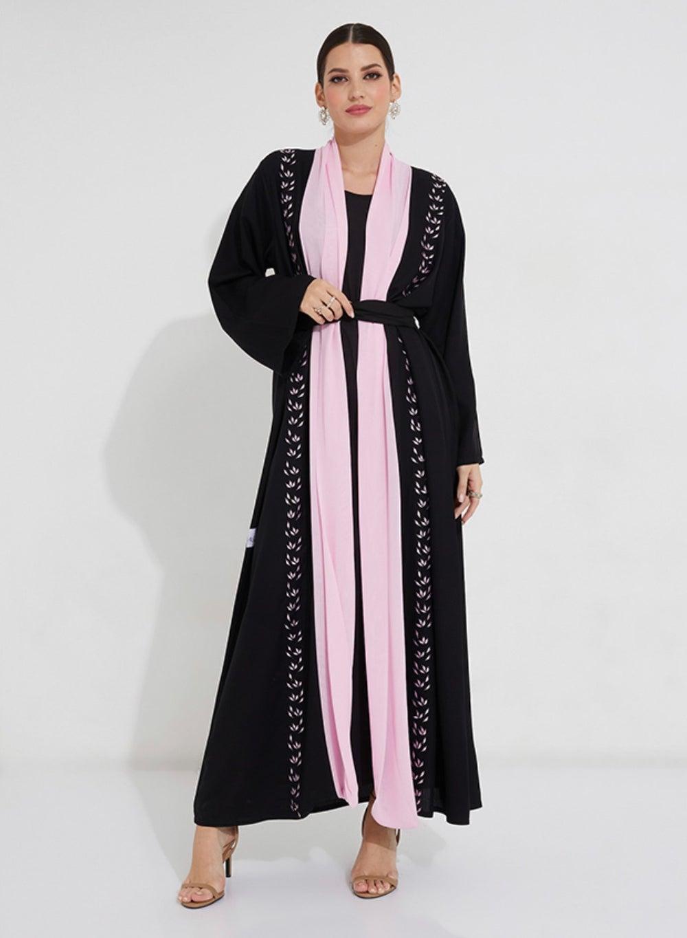 Pink Embroidery Abaya with Wide Sleeves - Image 1