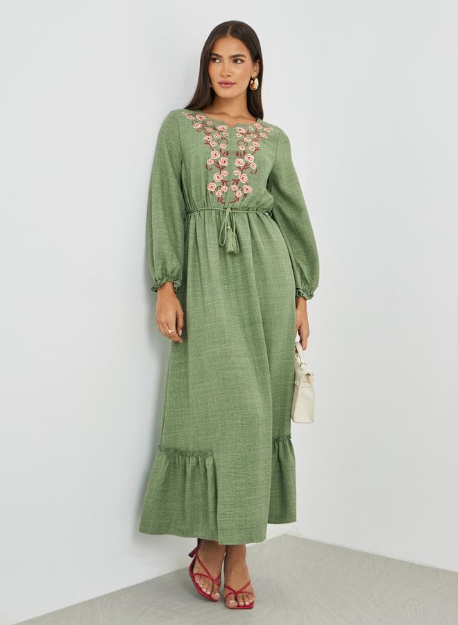 Embroidered Long Sleeve A-Line Maxi Dress - Image 1