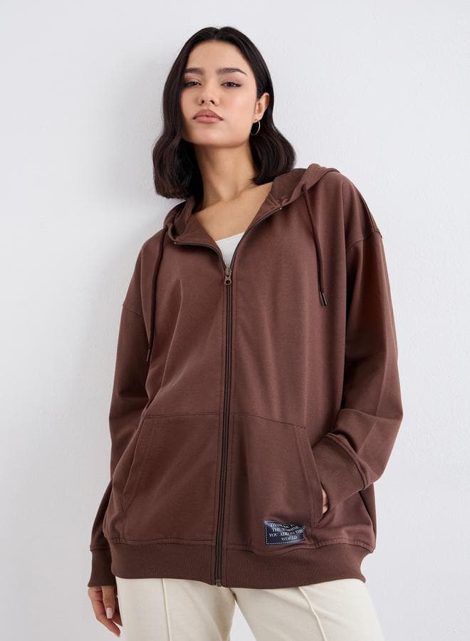 Oversized Zip Through Hoodie with Badge Detail - Image 1