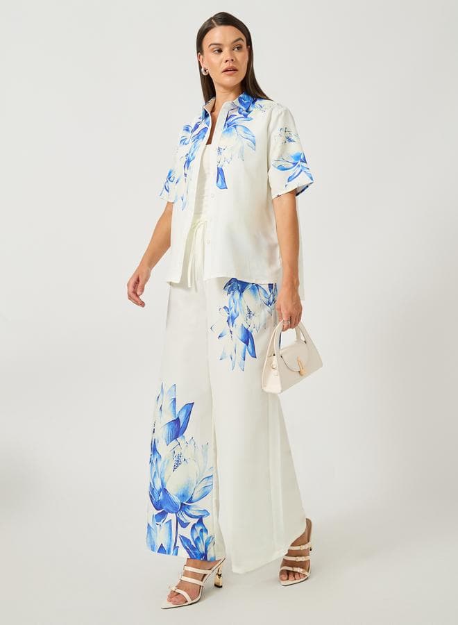 Floral Wide Leg Pants with Elasticated Waistband - Image 1