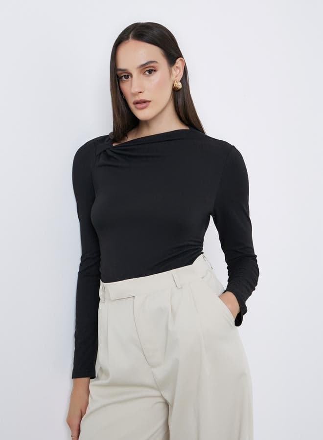Styli Black Asymmetric Neck Fitted Top - Image 1