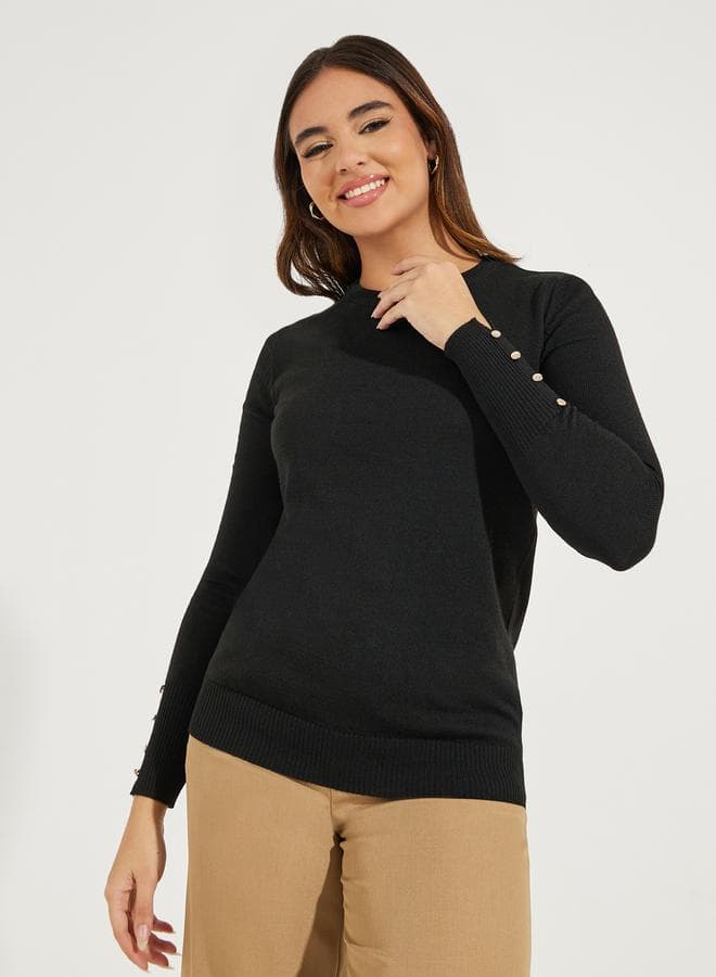 Slim Fit Round Neck Sweater with Button Cuff Detail - Image 1