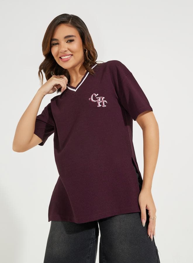Styli Oversized Rib Embroidered T-Shirt with Contrast Neck - Image 1