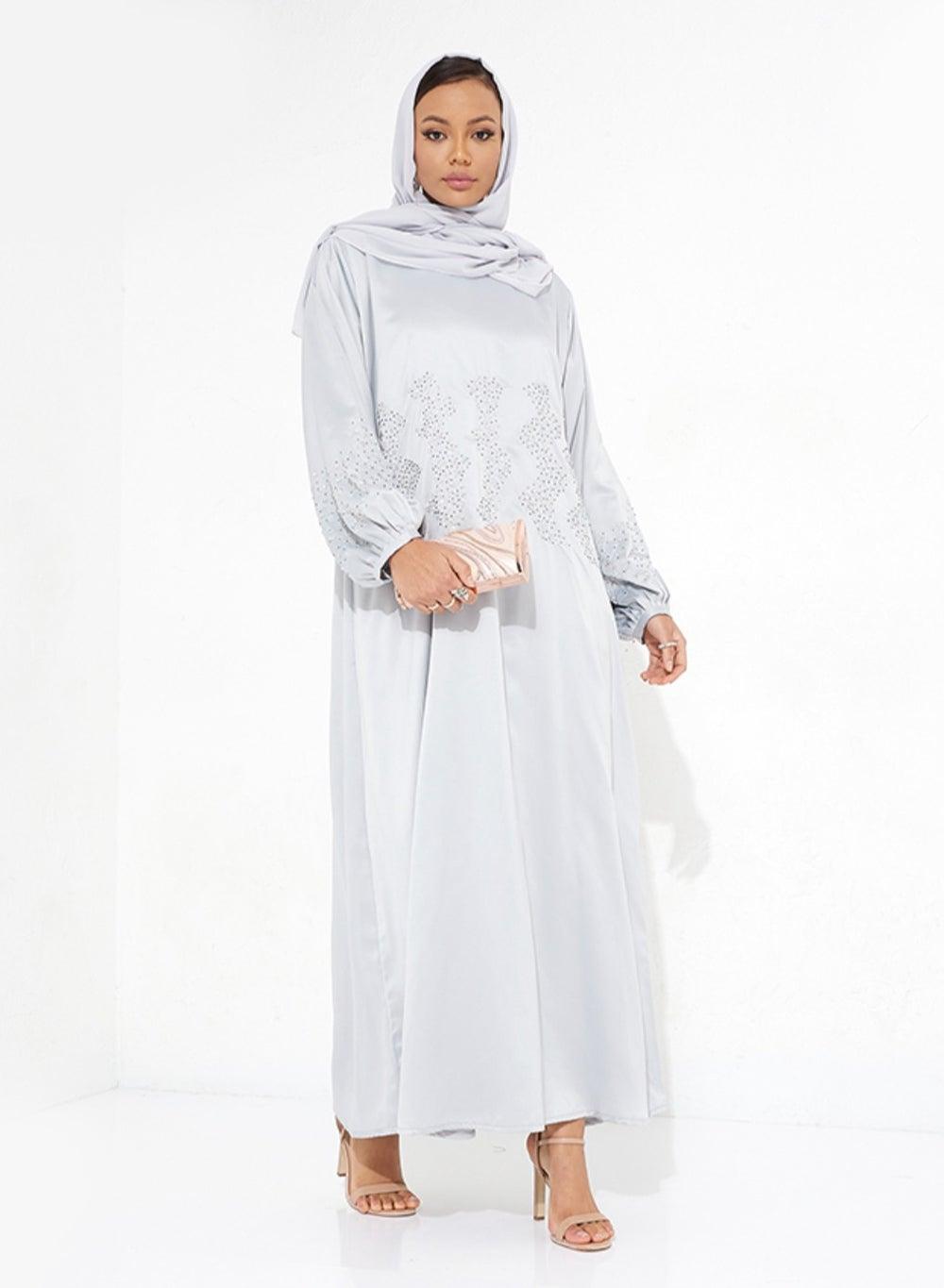 Silver Dress with Waist and Sleeve Stones - Image 1