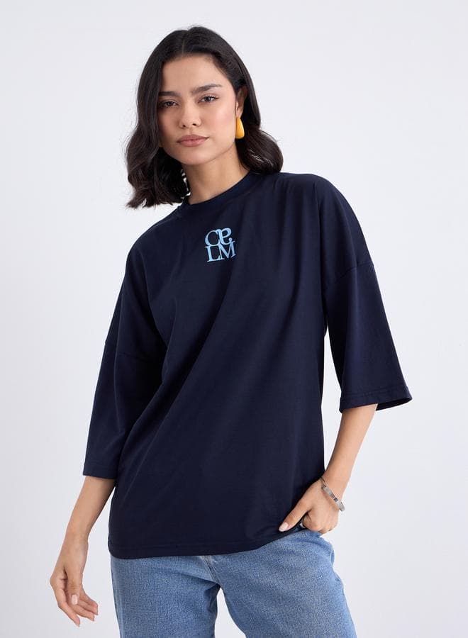 Styli Navy Blue Oversized 3/4 Sleeve Cotton T-Shirt - Image 1