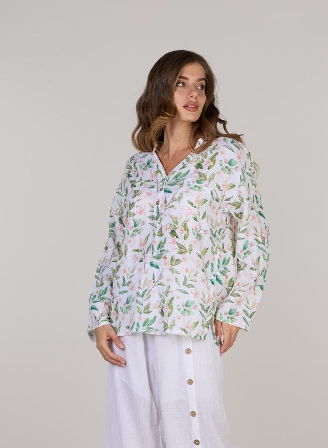 Relaxed V-Neck Long Sleeve Tunic Top - Image 1