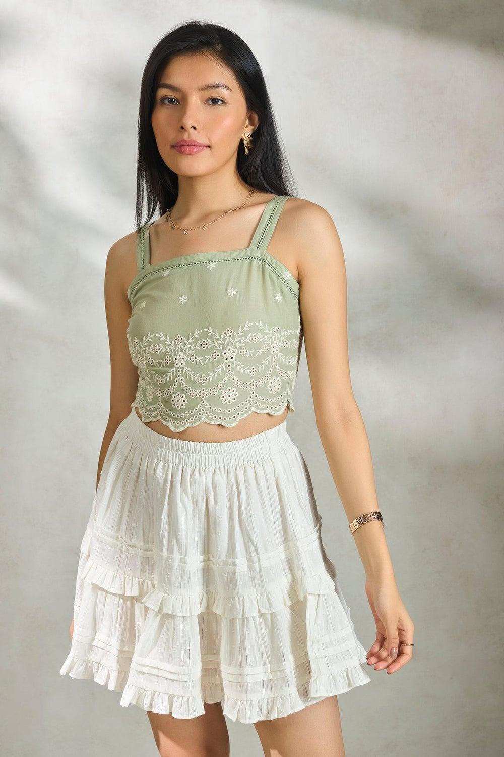 Green Cotton Wide Strap Cami Top with Embroidery - Image 1