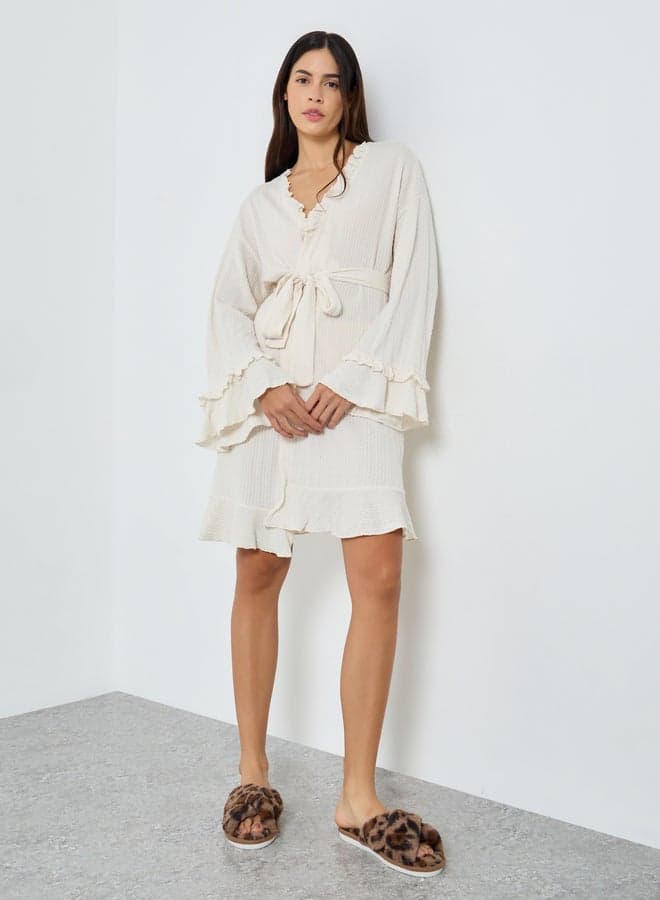 Styli Cream Jacquard Double Ruffle Tie Robe - Image 1