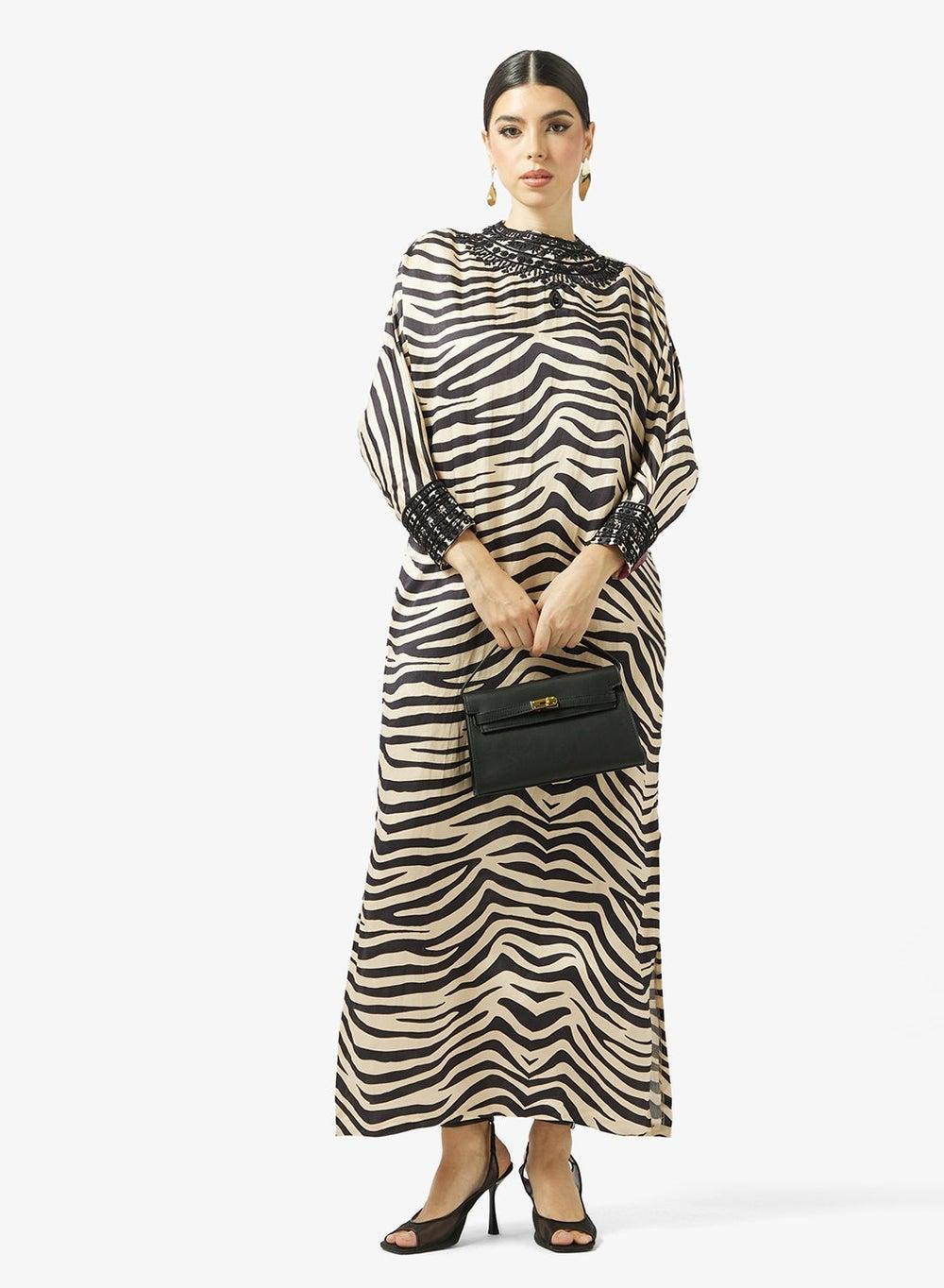 Embellished Zebra Print Kaftan Dress - Image 1