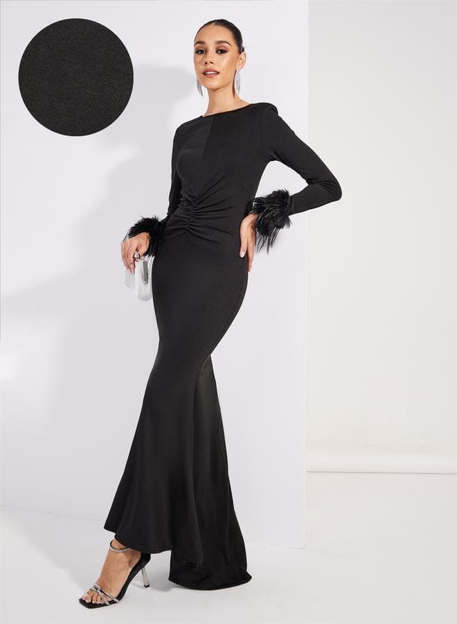 Black Fur Cuff Gown Dress - Image 1