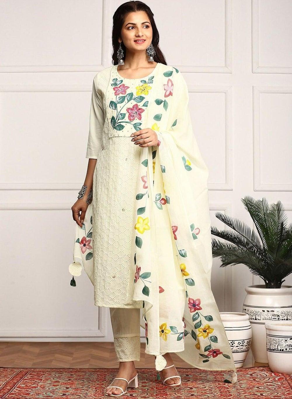 Women’s Off White Cotton Embellished Full Length Palazzo Kurta Set - Image 1