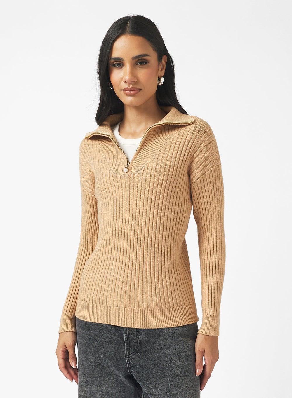 Half Zip Up Ribbed Sweater - Image 1