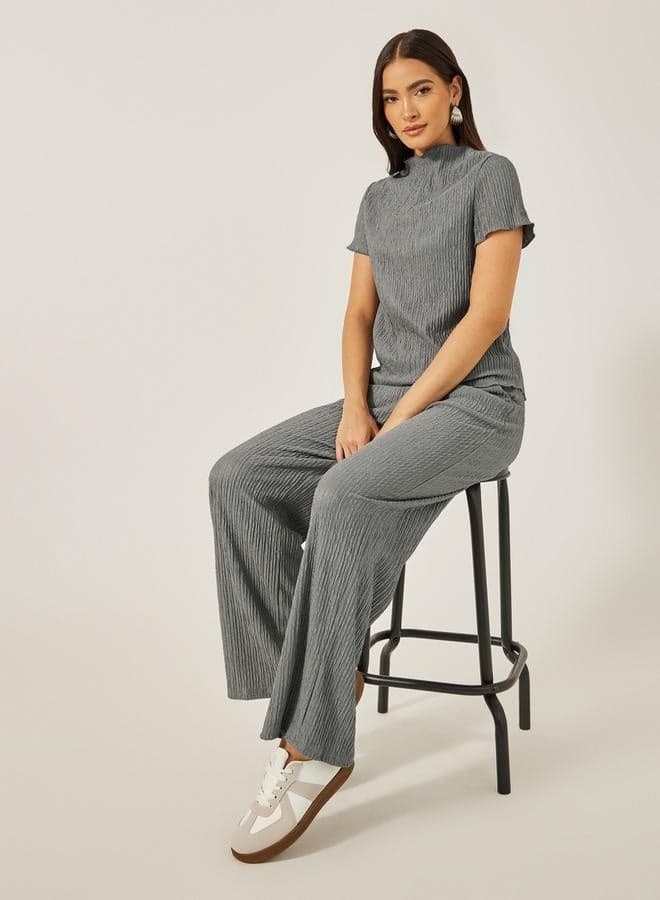Styli Textured High Neck Co-Ord Set with Wide Leg Pants - Image 1