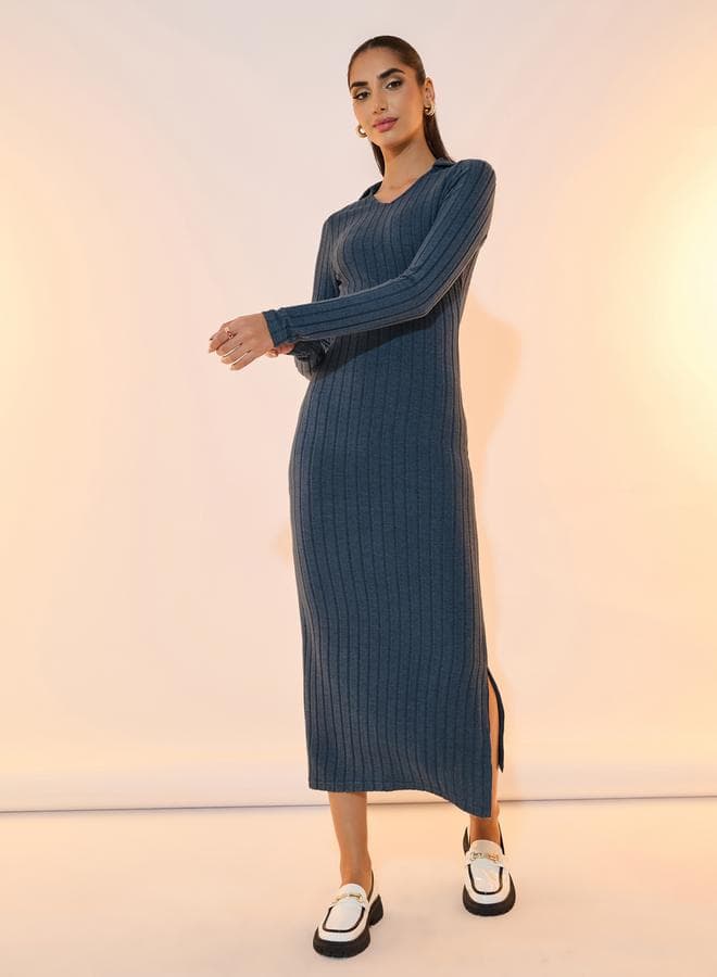 Navy Ribbed Polo Neck Bodycon Midi Dress - Image 1