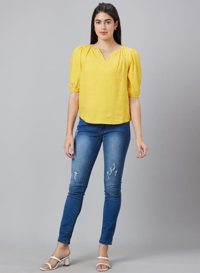 Globus Lace Detail Puff Sleeve Notch Neck Blouse - Image 1