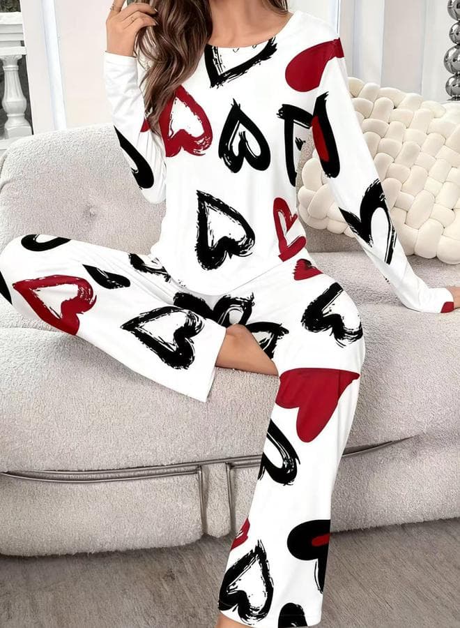 Take Two Heart Print Long Sleeve Pyjama Set - Image 1