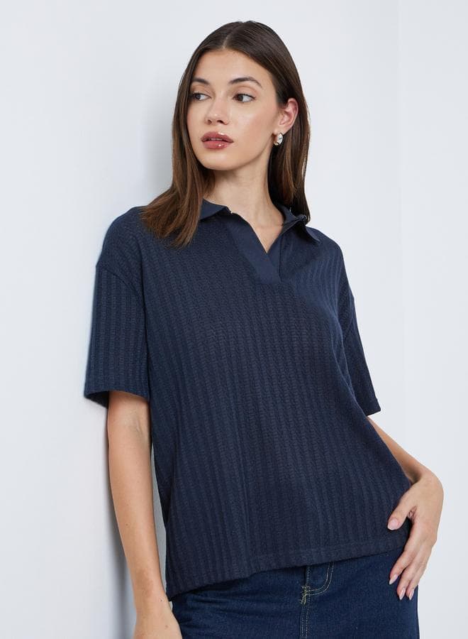 Styli Navy Blue Textured Knit Polo T-Shirt - Image 1