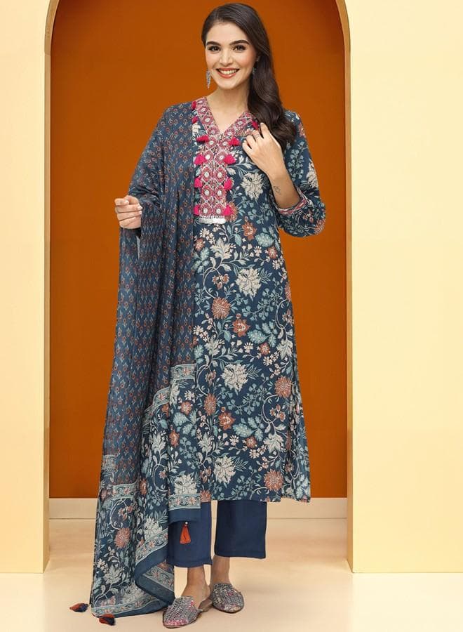 Navy Cotton Embroidered Tunic Palazzo Straight Fit Kurta Set - Image 1