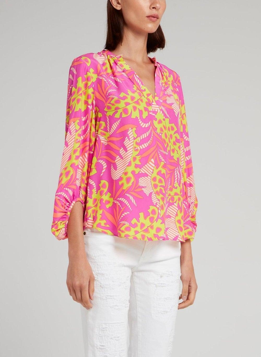 Pink Tropical Print Cold Shoulder Top - Image 1