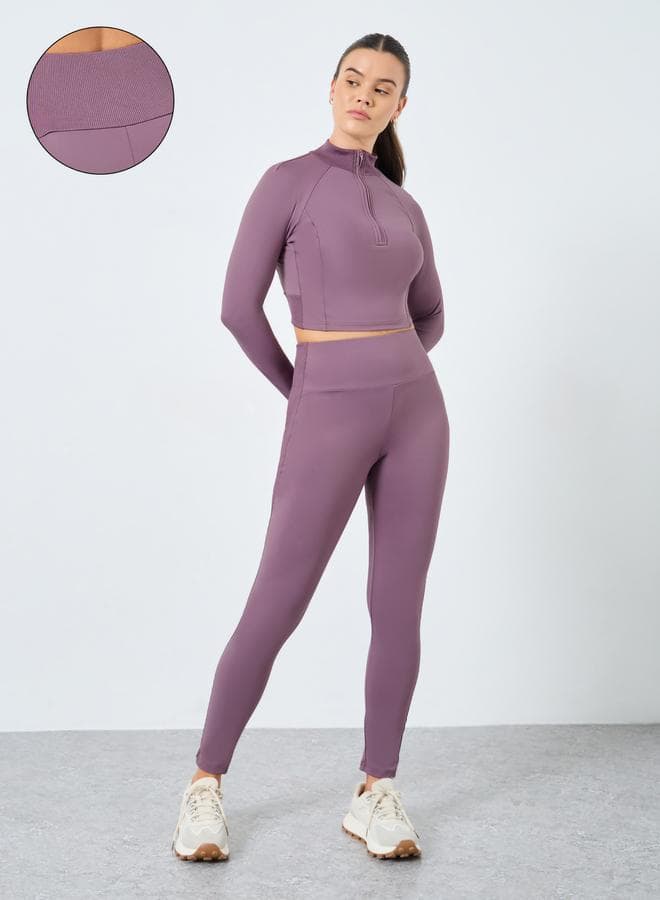 Rib Panels Half Zip Top and Leggings Set - Image 1