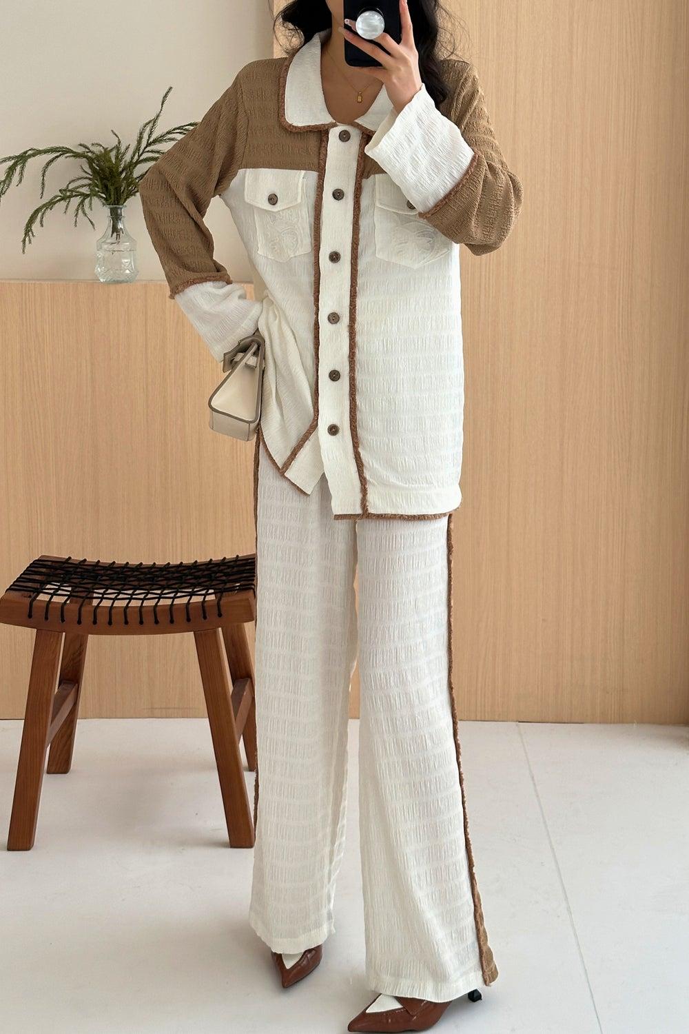 Textured Colorblock Shirt and Wide-Leg Pants Set - Image 1