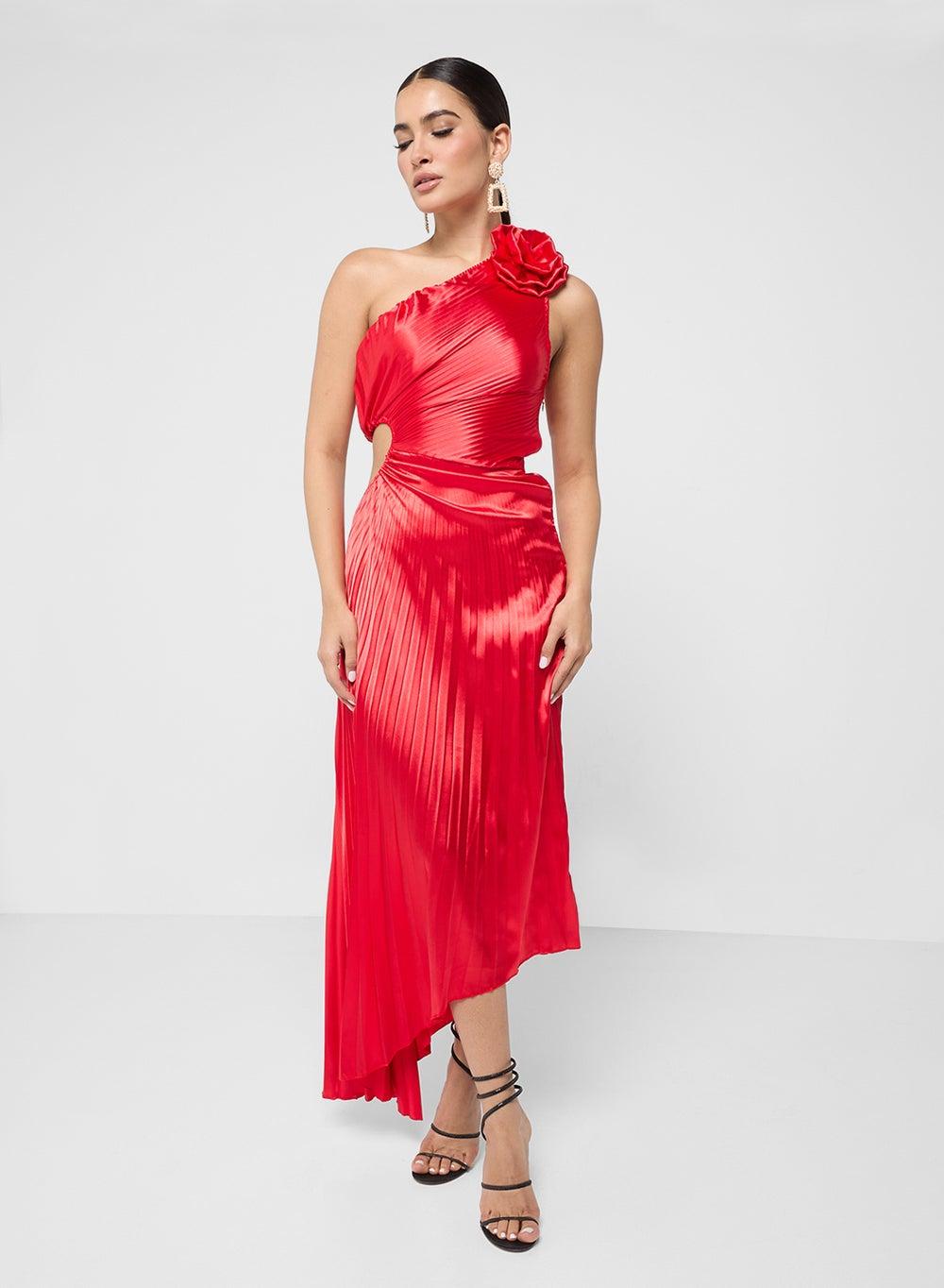 Crimson One-Shoulder Satin Midi Dress - Image 1
