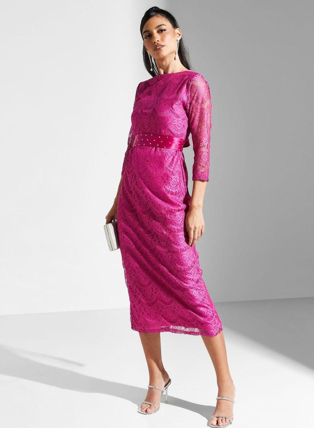 Bright Pink Lace Midi Dress with Embellished Belt - Image 1