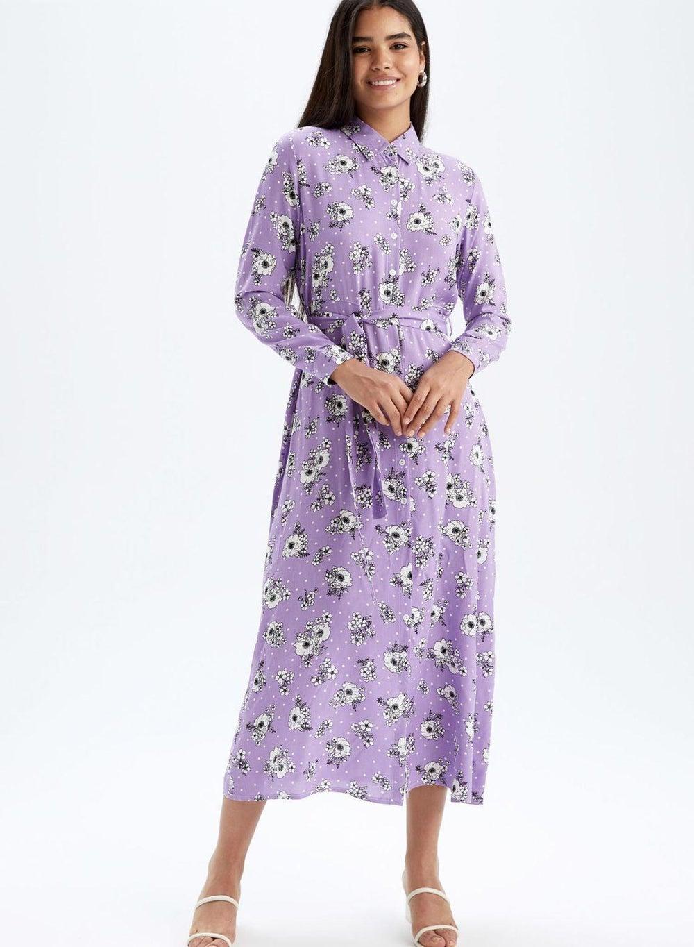 Floral Midi Dress with Belted Button Front - Image 1