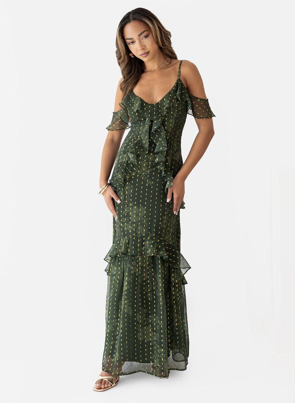 Ruffle Detail Cold-Shoulder Strappy Maxi Dress - Image 1