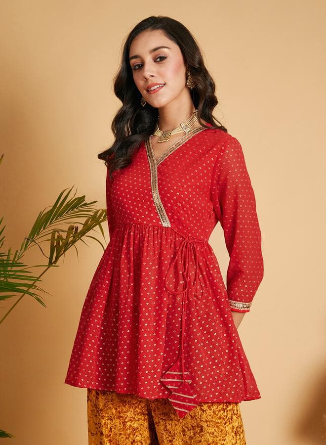 SASSAFRAS Spot Foil Print Lace Trim Wrap Peplum Top - Image 1