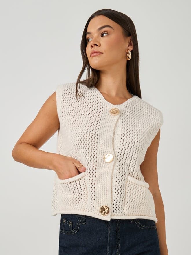 Styli Open Knit Sleeveless Button Front Top - Image 1
