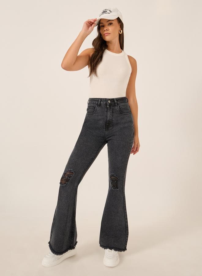 High Rise Distressed Bootcut Pants with Frayed Hem - Image 1