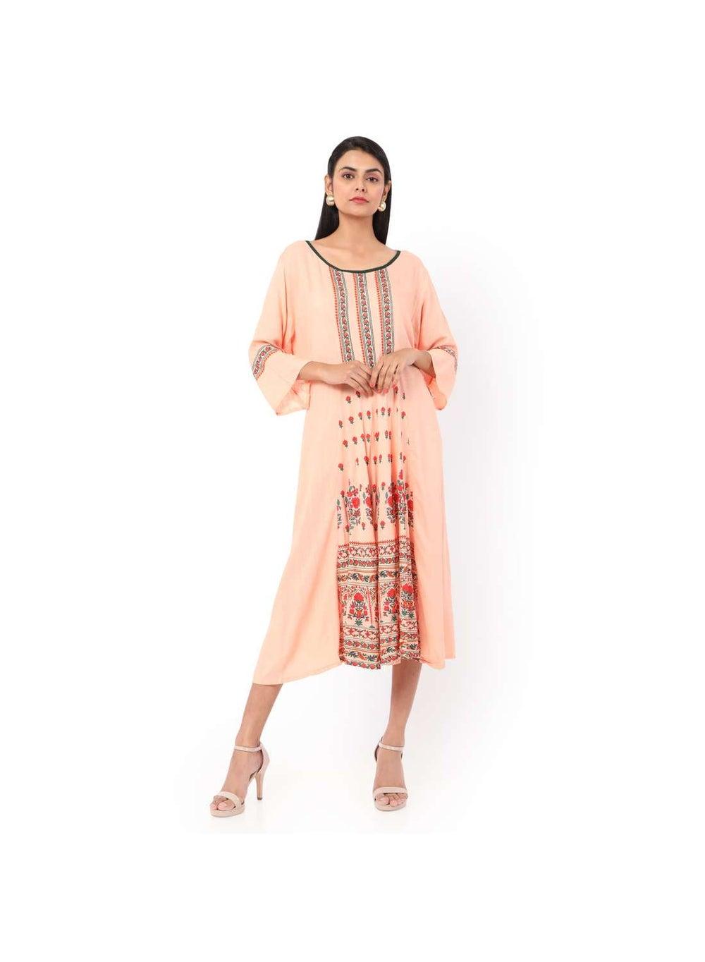 Long Frill Sleeve Printed Arabic Jalabiya Kaftan Dress - Image 1