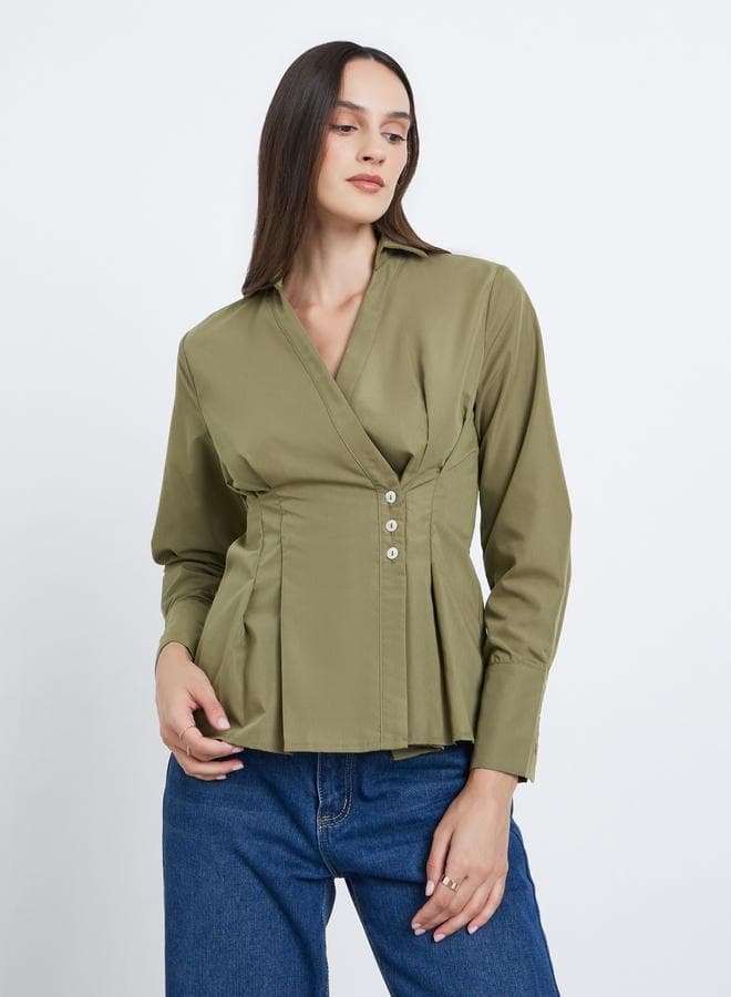 Styli Women Green Pleated Wrap Shirt - Image 1