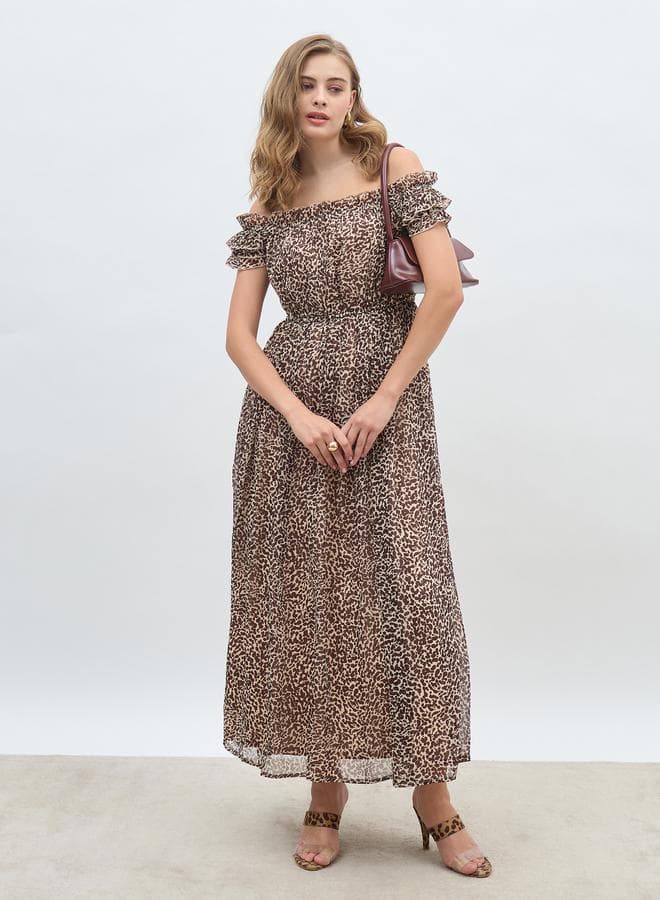 Leopard Off-Shoulder Maxi Dress with Cinched Waist - Image 1