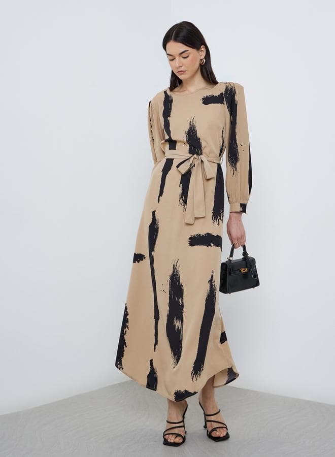 Printed Long Sleeve Belted Maxi Dress - Image 1