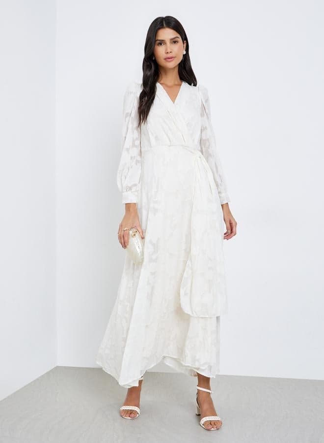 Styli All-Lace Balloon Sleeve Off-White Wrap Maxi Dress - Image 1