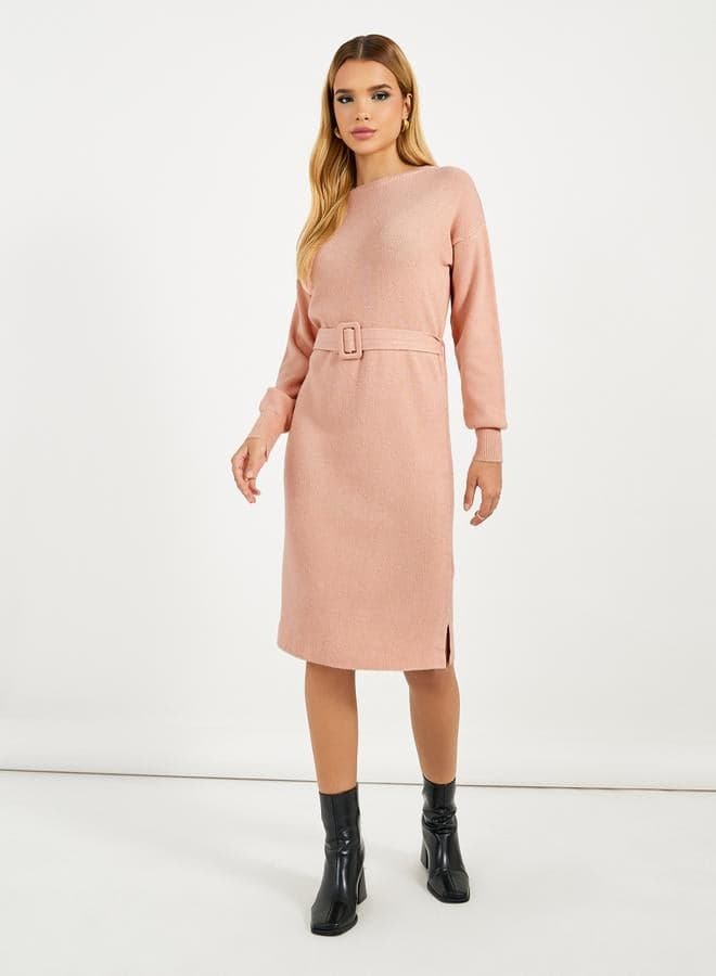 Belted Knit Midi Dress in Rosy Knit - Image 1