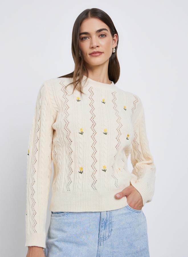 Styli Cream Floral Embroidered Cable Knit Sweater - Image 1