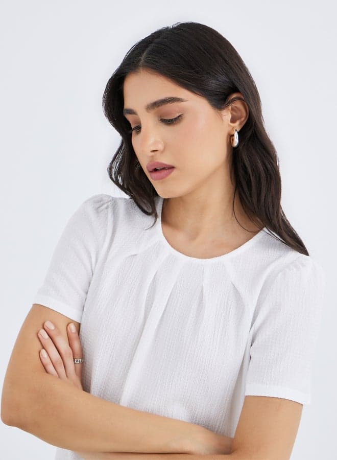 Solid Round Neck Pleated Detail Top - Image 1
